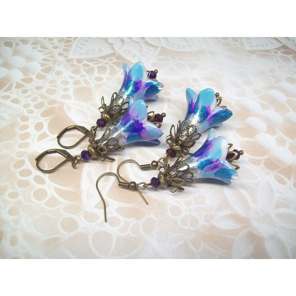 Vintage Style Art Nouveau Earrings, Blue, Antique Bronze, Hand Painted, Artisan
